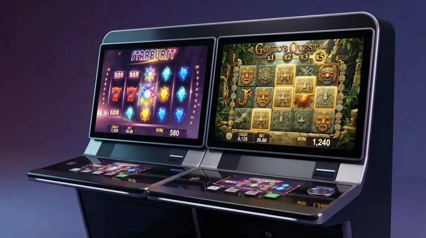 Le schermate delle slot NetEnt Starburst e Gonzo's Quest affiancate su sfondo scuro, con griglia di simboli e moltiplicatori visibili