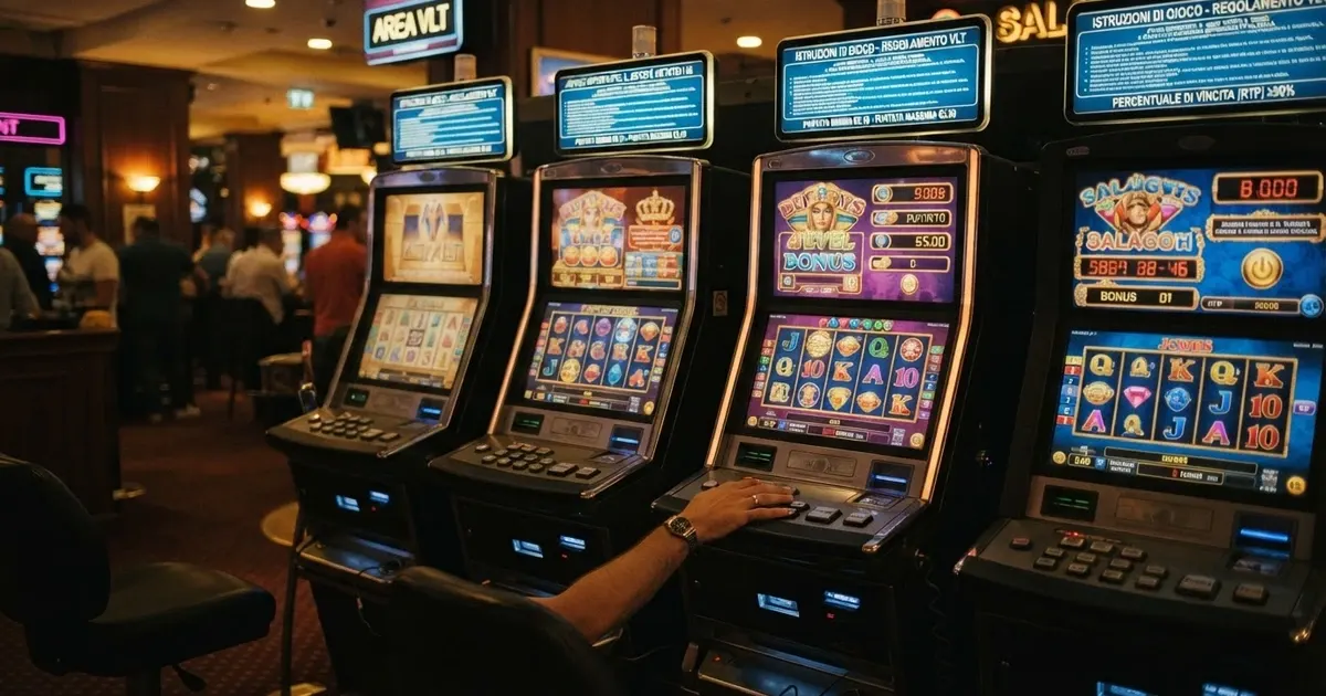 Fila di terminali VLT in una sala gioco italiana con schermi accesi e pannelli informativi