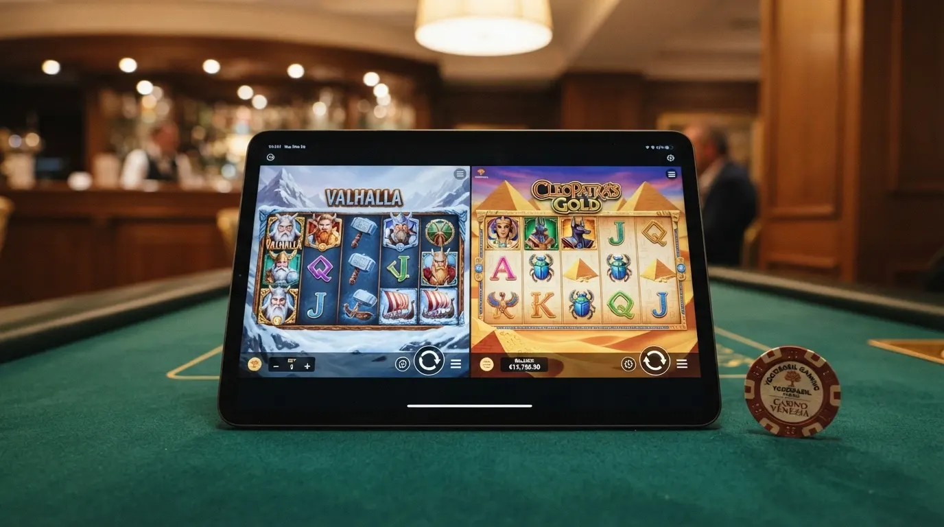 Schermata di gioco delle slot Vikings Go Berzerk e Valley of the Gods di Yggdrasil con rulli, simboli vichinghi e divinità egizie