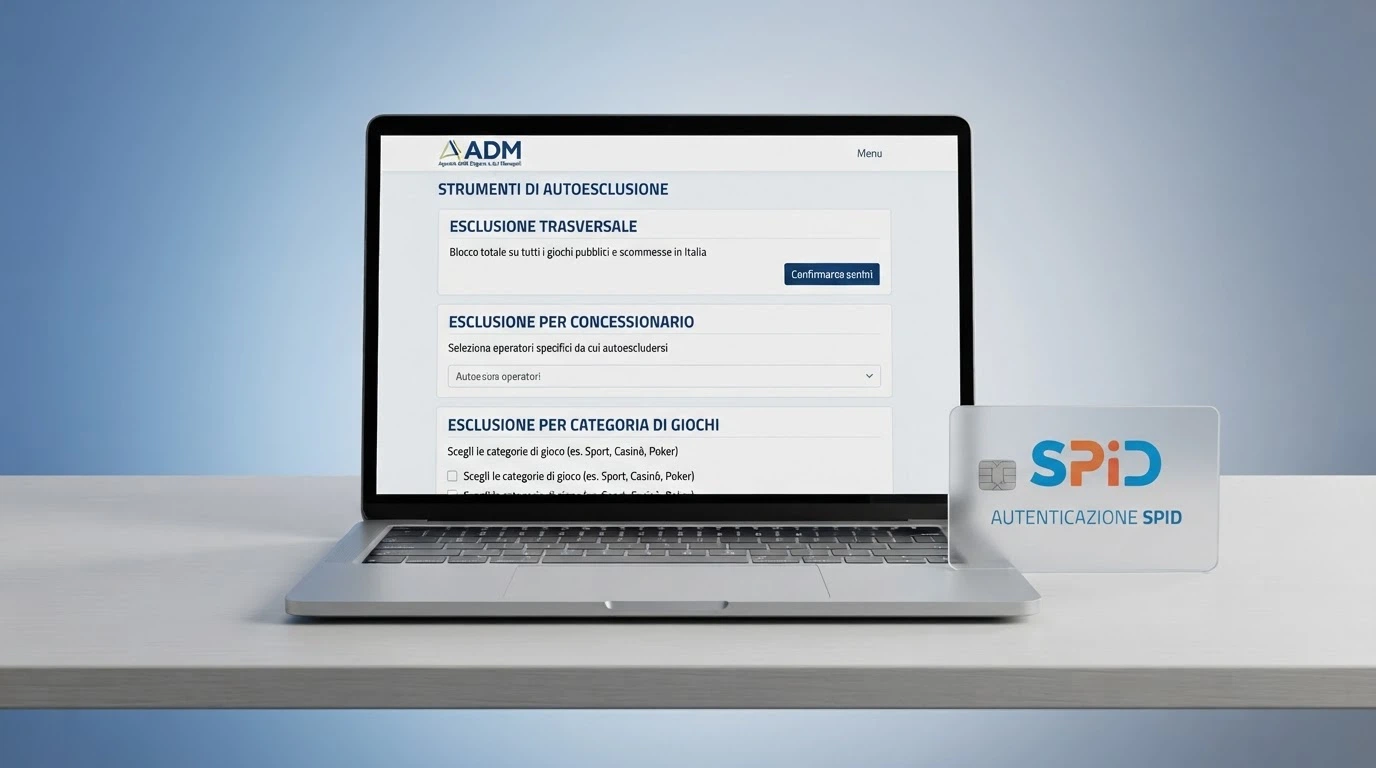 La schermata di attivazione dell'autoesclusione sul sito ADM con le tre opzioni disponibili (trasversale, per concessionario, per categoria di giochi) e il logo SPID accanto.