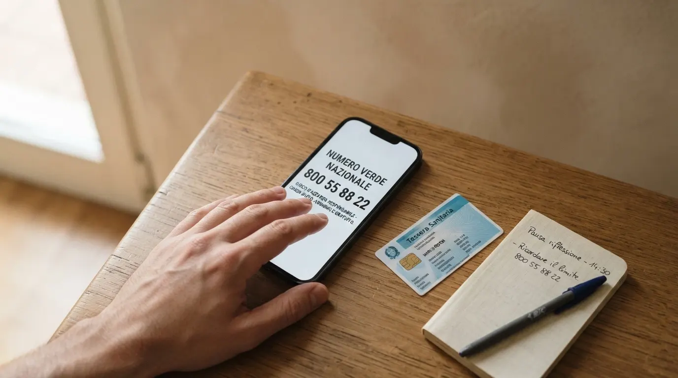 Una mano che digita su un telefono il numero verde per il gioco responsabile, con il logo del Telefono Verde Nazionale e una tessera sanitaria sullo sfondo.