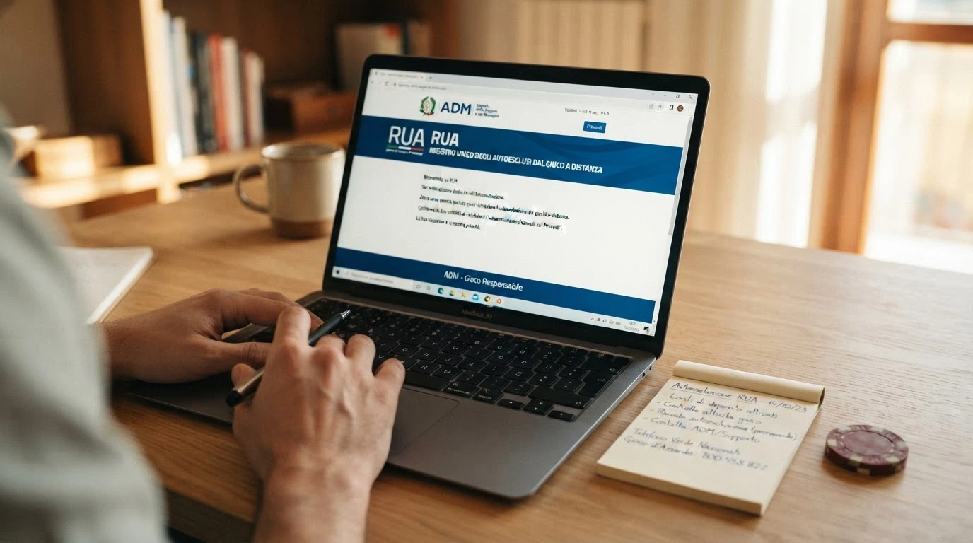 Il monitor di un computer con l'interfaccia di autoesclusione del RUA (Registro Unico degli Autoesclusi) e accanto una scheda Ser.D. con il numero del Telefono Verde 800 558822