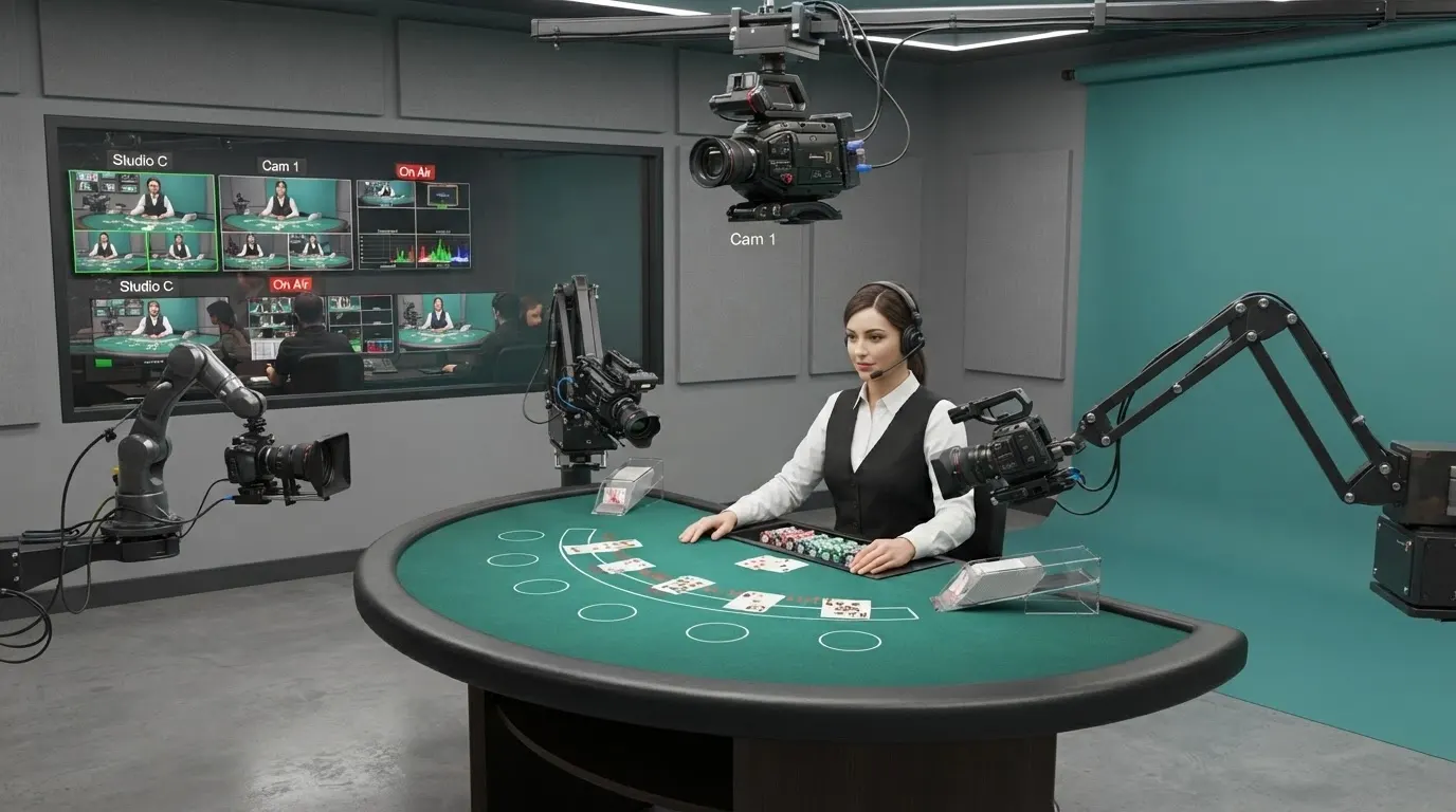 Uno studio di produzione live casino con telecamere HD montate su binari, monitor di regia e un tavolo da blackjack illuminato per la diretta streaming