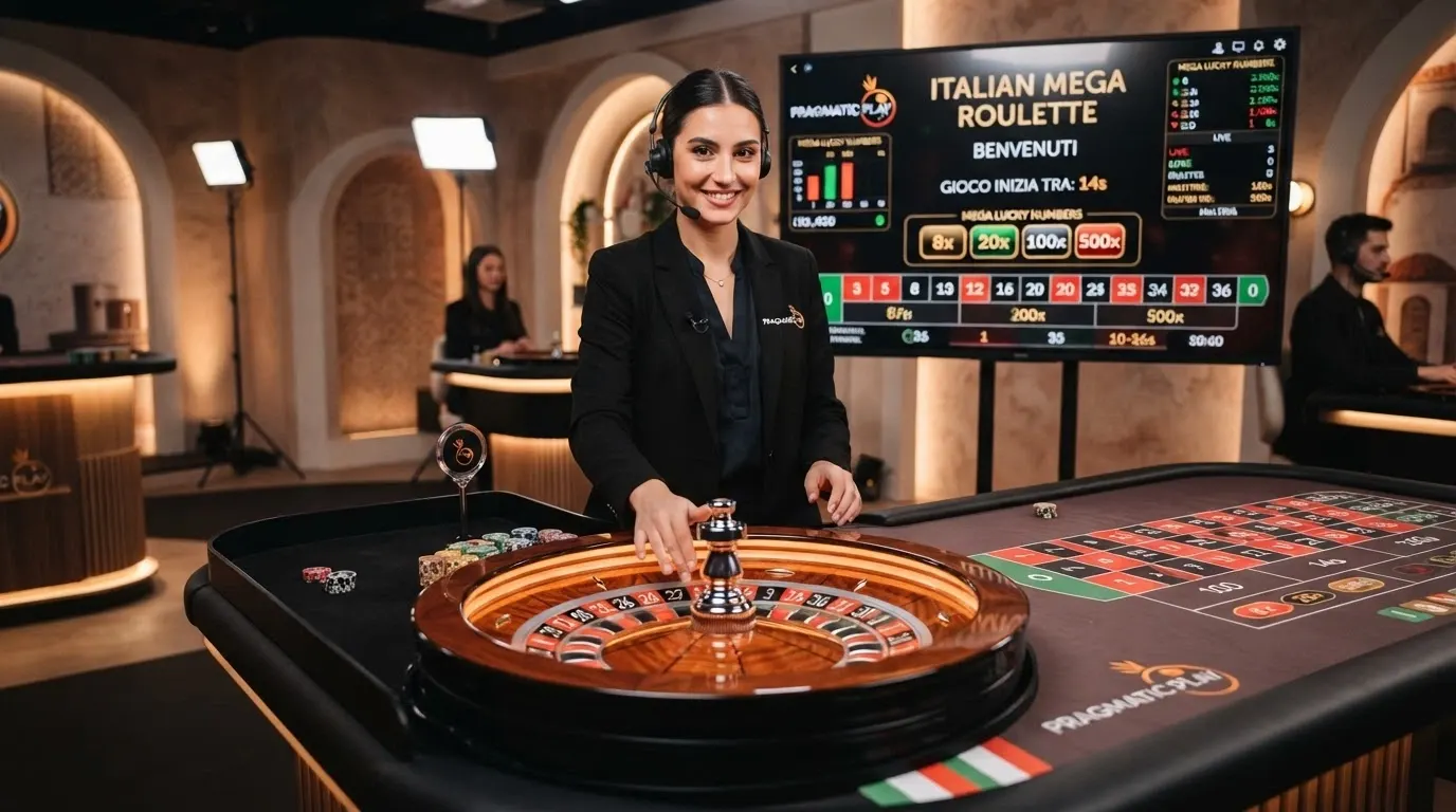 La scrivania di un dealer dal vivo in uno studio Pragmatic Play con ruota della roulette illuminata e schermi con moltiplicatori attivi