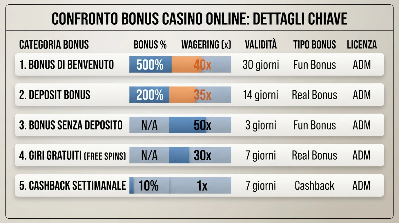 Una tabella comparativa con le colonne Operatore, Concessione ADM, Bonus, Wagering e Validità — dieci righe, una per ogni casinò della classifica 2026.
