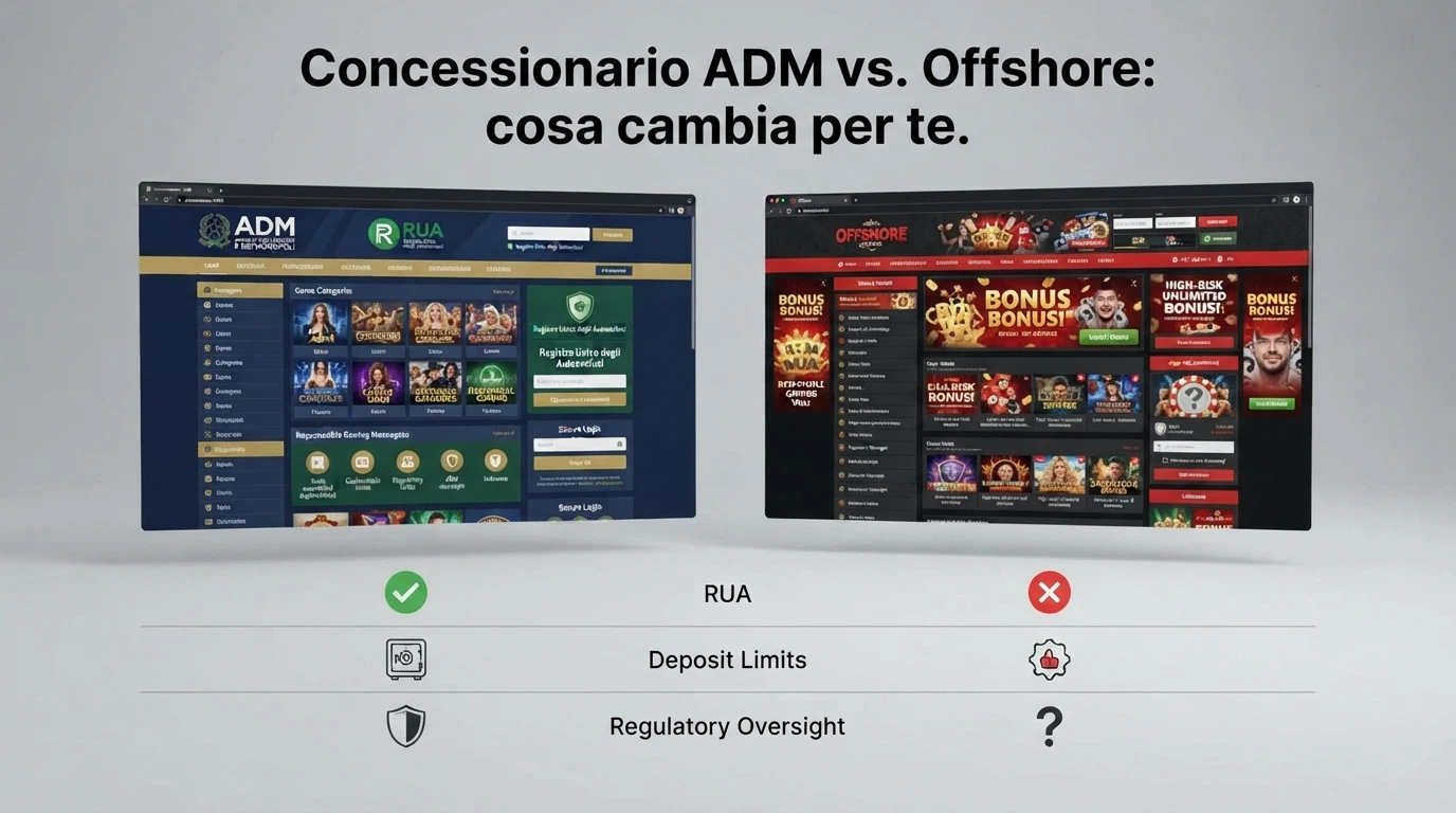 Un confronto visivo tra il sito di un concessionario ADM (con logo ADM e simbolo RUA) e un casinò offshore senza marchi di regolamentazione italiana