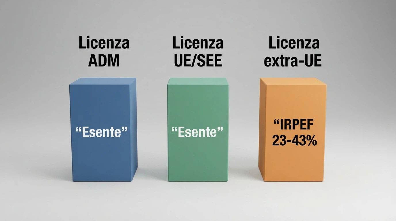 Schema a tre colonne che confronta il trattamento fiscale delle vincite da casinò: licenza ADM (esente), licenza UE/SEE (esente), licenza extra-UE (IRPEF 23-43%)