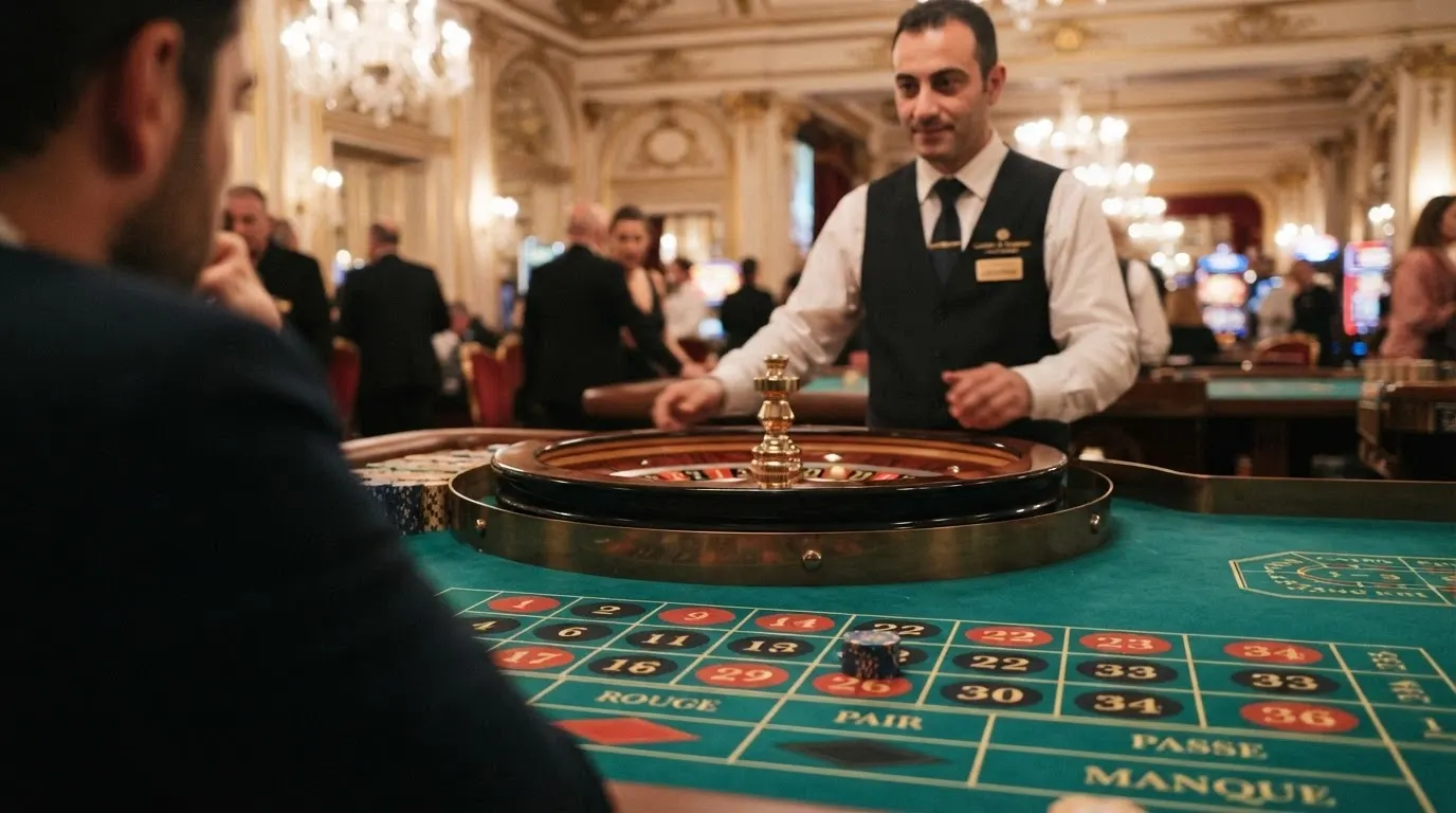 Un tavolo da roulette con croupier in una sala del Casinò di Sanremo, ripreso da una telecamera per lo streaming live