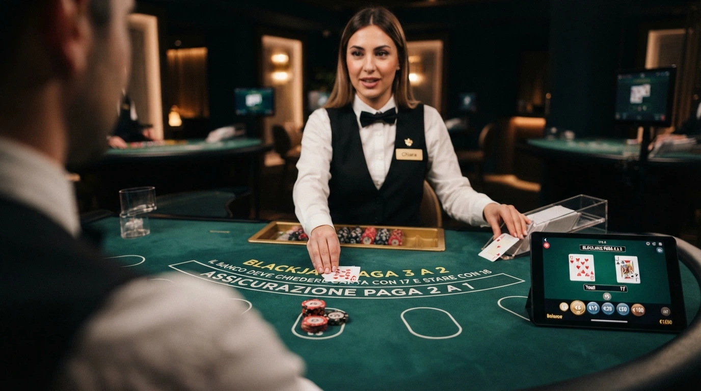 Croupier professionista al tavolo da blackjack live con schermo di gioco che mostra l'interfaccia di puntata e le carte distribuite
