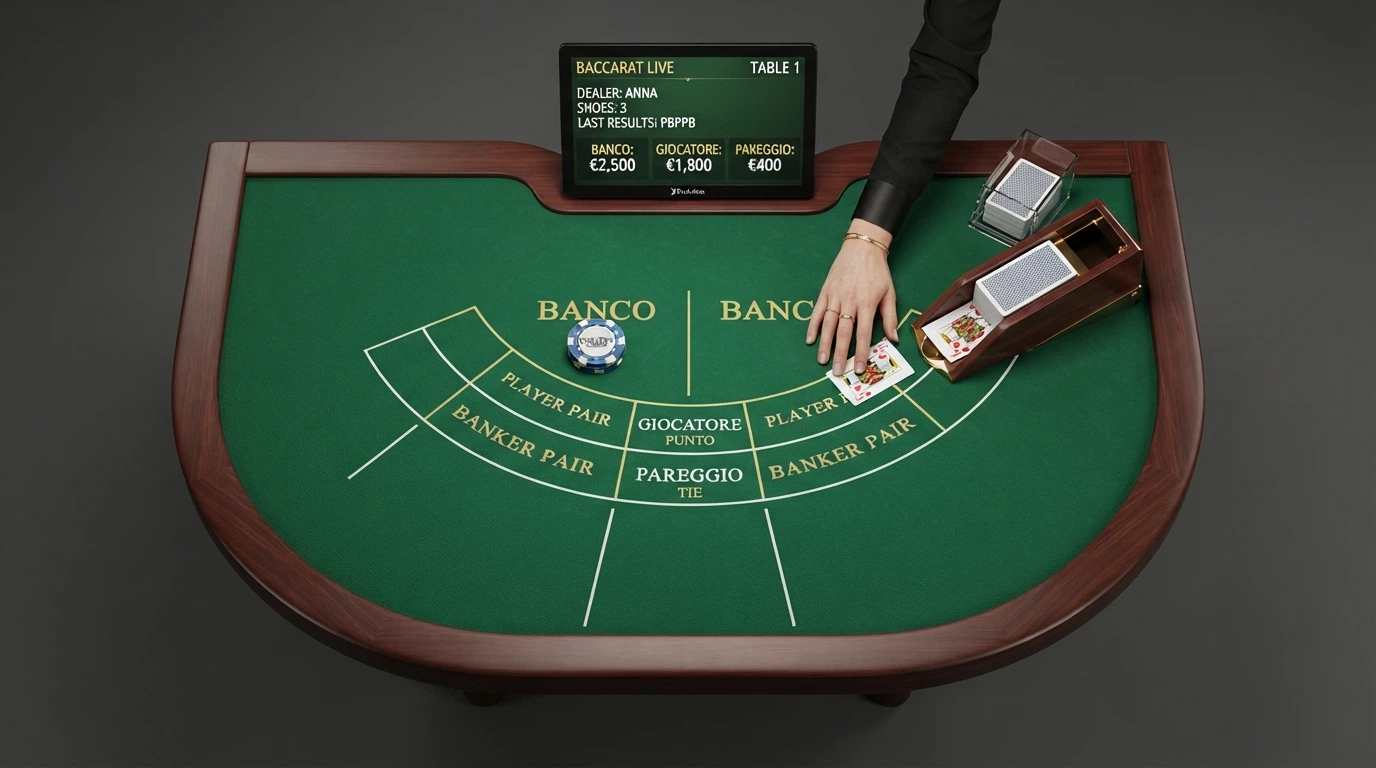 Primo piano delle mani di un croupier Evolution mentre distribuisce le carte su un tavolo da baccarat live, con il monitor delle puntate visibile sullo sfondo