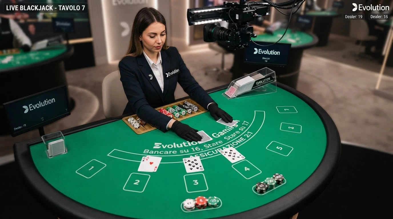 Un tavolo da blackjack live visto dall'alto: carte sul tavolo verde, mani del croupier inquadrate in primo piano, interfaccia di puntata digitale visibile sul bordo.