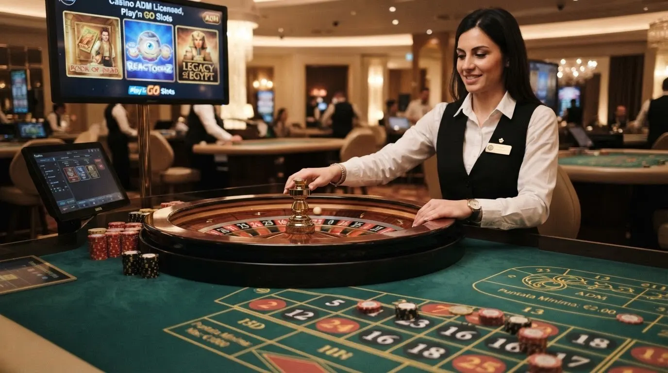 Tavolo da roulette dal vivo con dealer in uniforme, sullo sfondo l'interfaccia di un casinò ADM con le slot Play'n GO in evidenza
