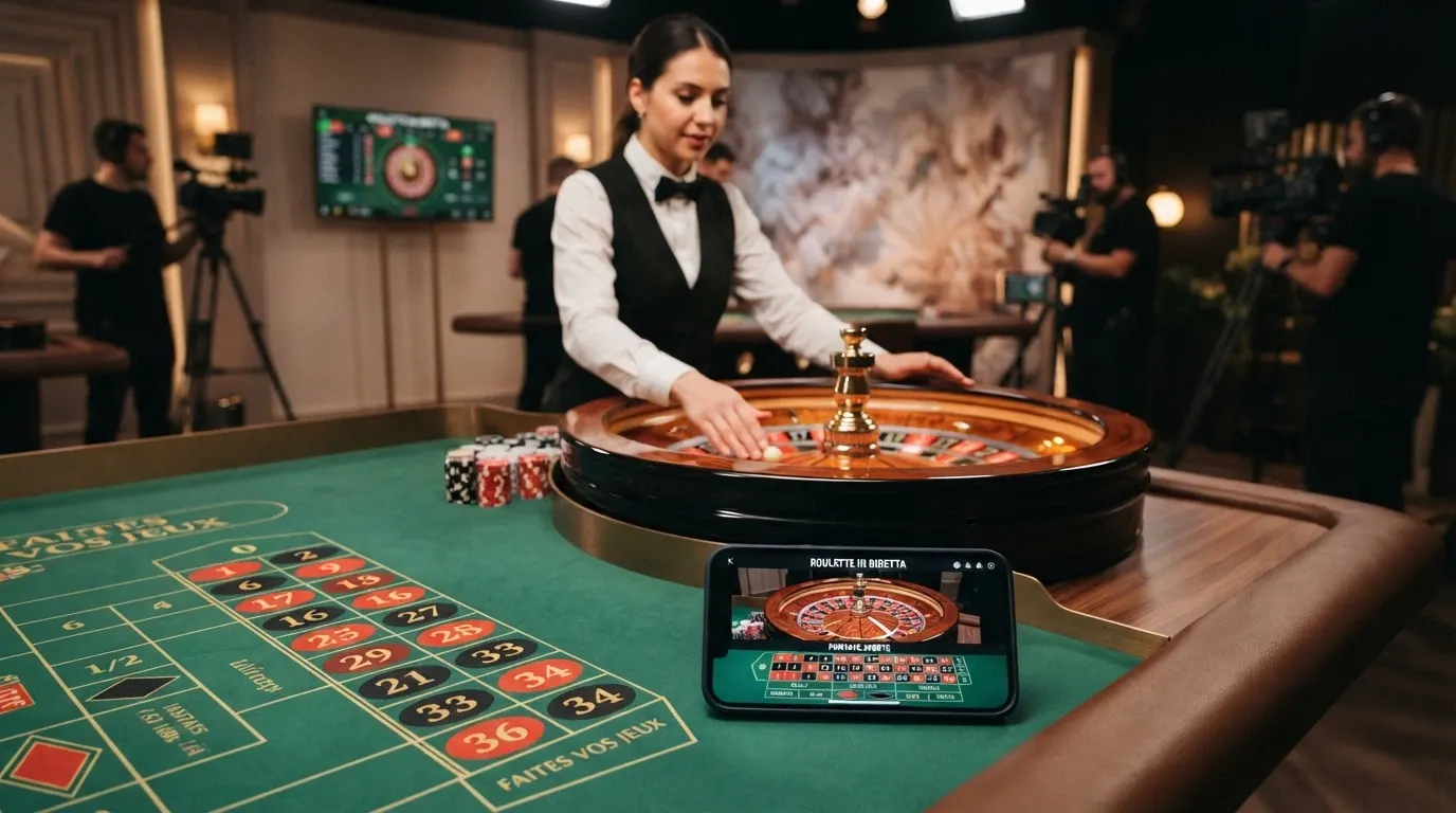Un tavolo di roulette dal vivo con croupier inquadrato in streaming, interfaccia di puntata in italiano sullo schermo