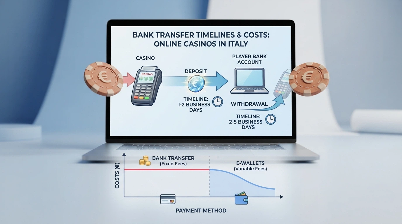 Rappresentazione grafica dei tempi di accredito per deposito e prelievo con bonifico bancario nei casinò online, con icone per ogni fase della procedura