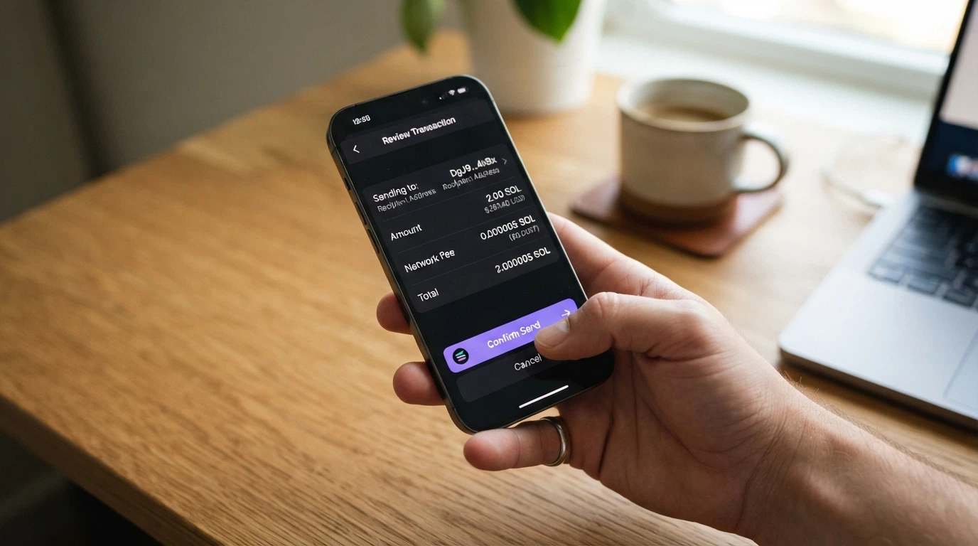 Schermata dell'interfaccia di un wallet Phantom con una transazione in SOL inviata verso l'indirizzo di deposito di un casinò crypto