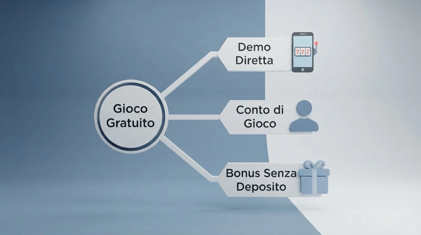 Schema visivo dei tre metodi per accedere ai giochi con soldi finti: demo diretta, conto di gioco, bonus di benvenuto