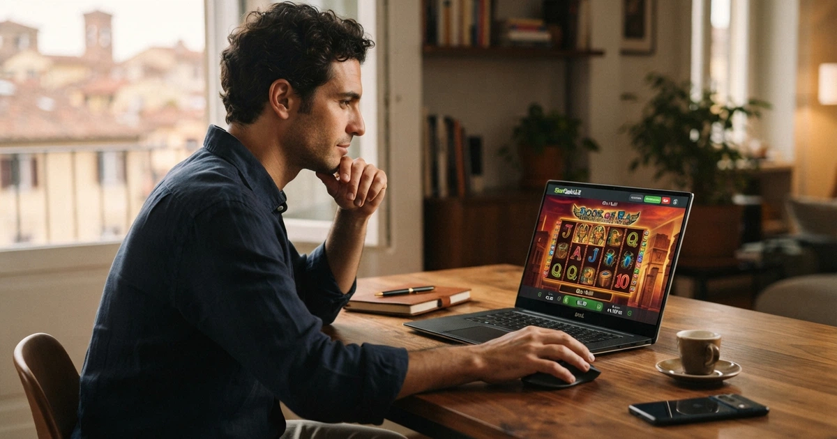 Un giocatore seduto davanti allo schermo di un computer con l'interfaccia di una slot machine online in primo piano e una mano sulla scrivania accanto al mouse