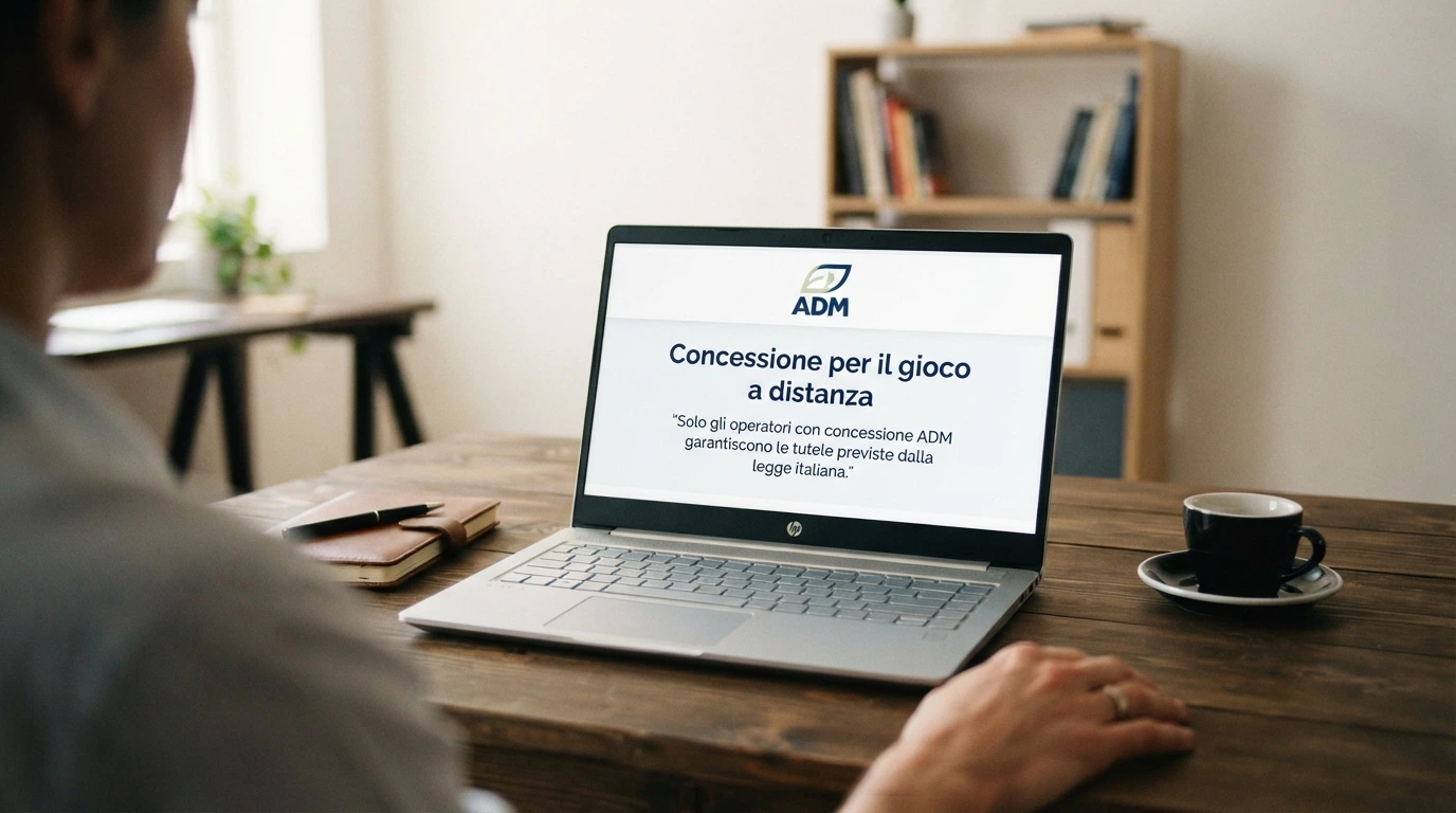 Primo piano del logo ADM accanto alla dicitura concessione su schermo, sfondo istituzionale