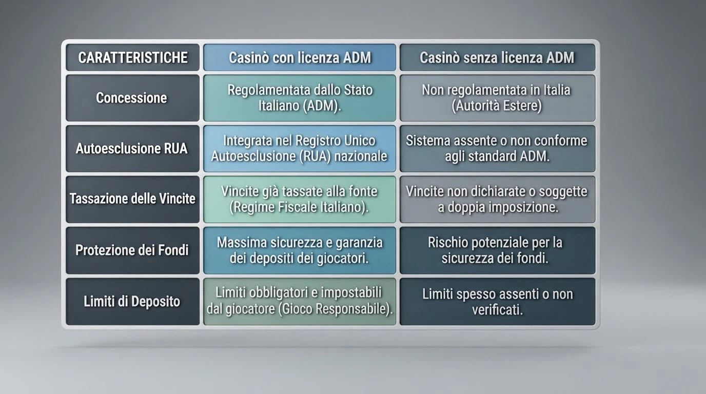 Tabella che mette a confronto le caratteristiche di un casinò con licenza ADM e uno senza: concessione, connessione al RUA, tassazione delle vincite e segregazione dei fondi