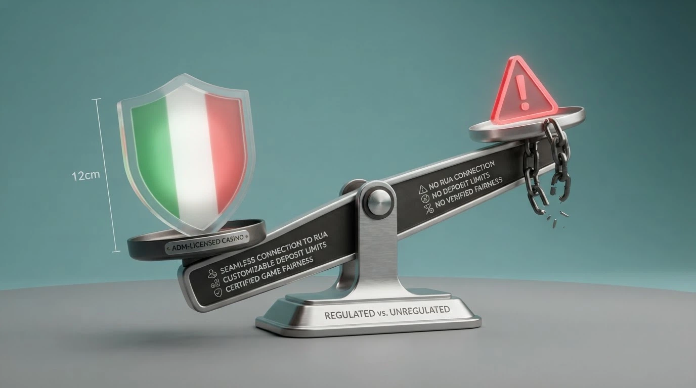 Schema visivo che contrappone le tutele di un casinò con concessione ADM (RUA, limiti di deposito, equità certificata) a un sito senza licenza contrassegnato da un alert rosso e dalla scritta «blocco DNS»