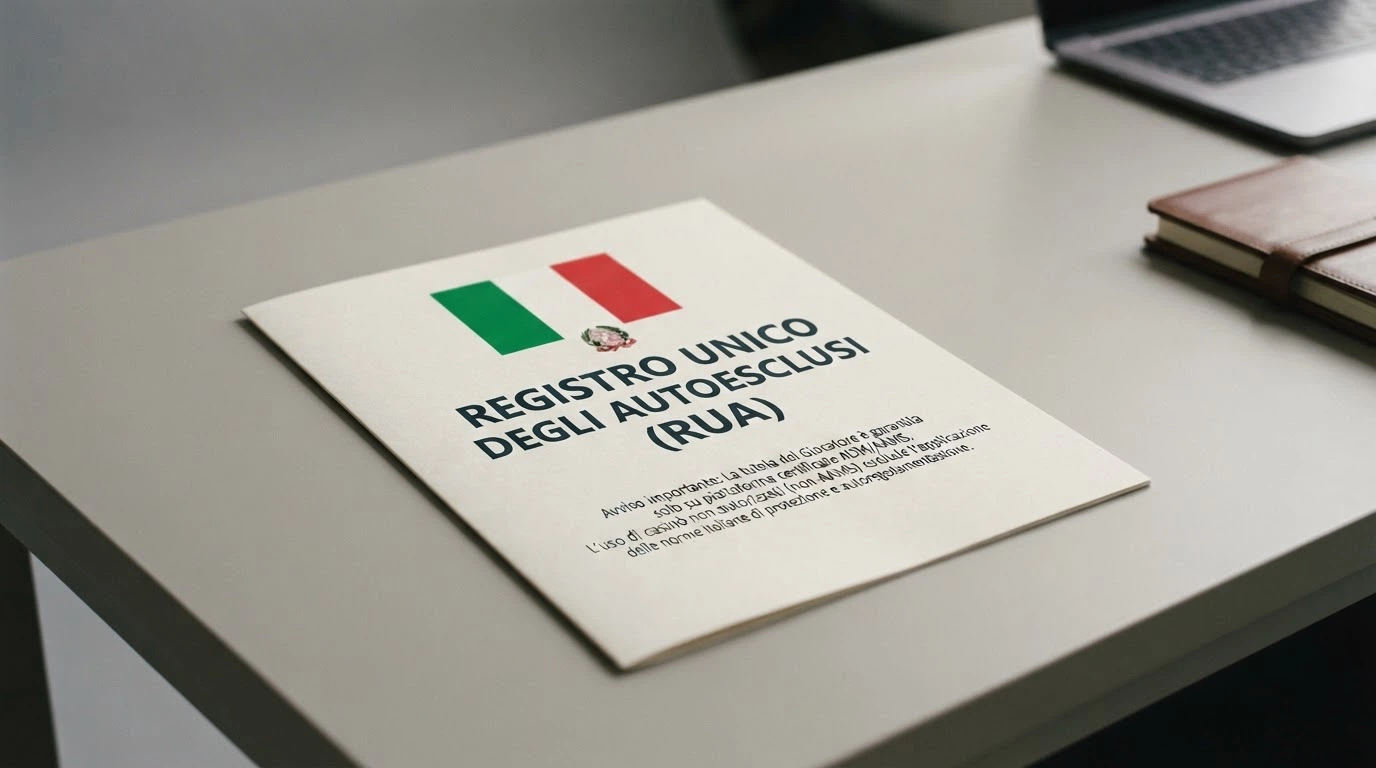 Il logo dell'ADM accanto alla bandiera italiana e alla dicitura «Registro Unico degli Autoesclusi» su sfondo istituzionale.
