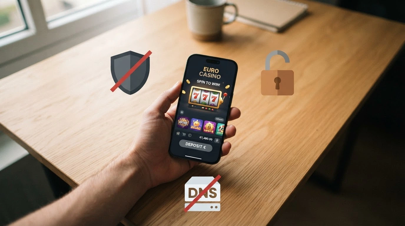 Il logo dell'Agenzia delle Dogane e dei Monopoli accanto a icone che rappresentano le tutele assenti nei siti non AAMS: uno scudo sbarrato per il RUA, un lucchetto aperto per la protezione legale, un segnale di blocco DNS