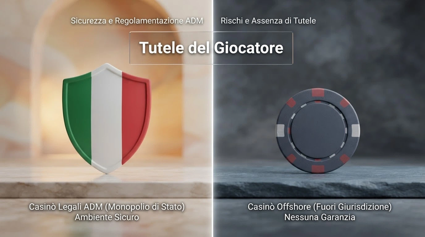 Schema visivo del confronto tra le tutele di un casinò con concessione ADM e quelle assenti in un operatore offshore