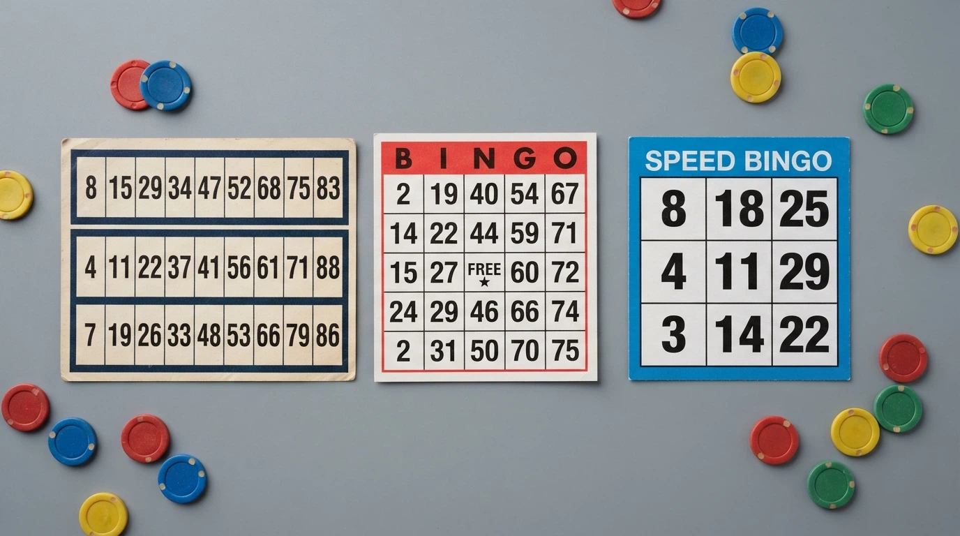 Tre cartelle di bingo affiancate nei formati 90 palline, 75 palline e 30 palline con la rispettiva griglia di numeri