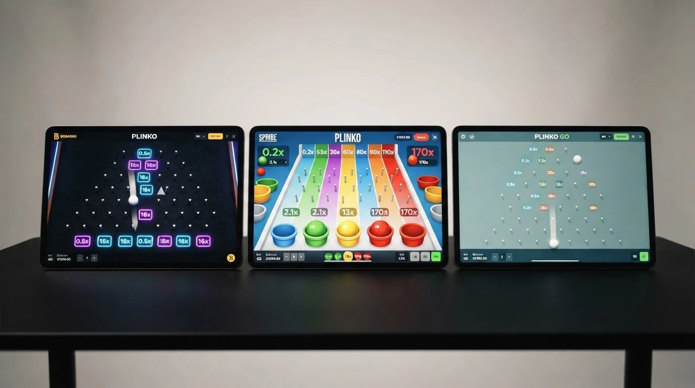Tre schermate affiancate delle principali varianti di Plinko: l'interfaccia di BGaming, Spribe e Plinko Go con le rispettive griglie e palette di colori
