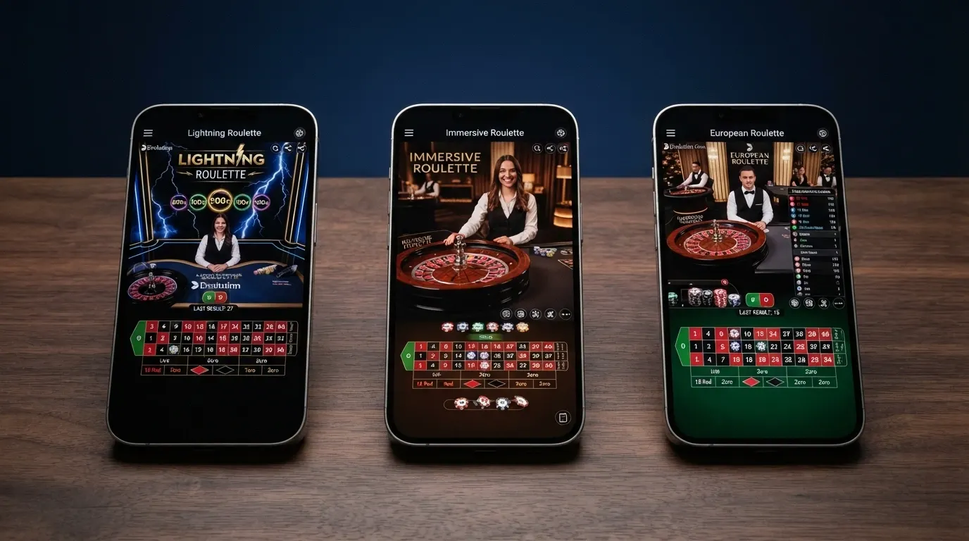 Tre schermate affiancate di tavoli live Evolution: Lightning Roulette con moltiplicatori, Immersive Roulette con replay, roulette europea classica