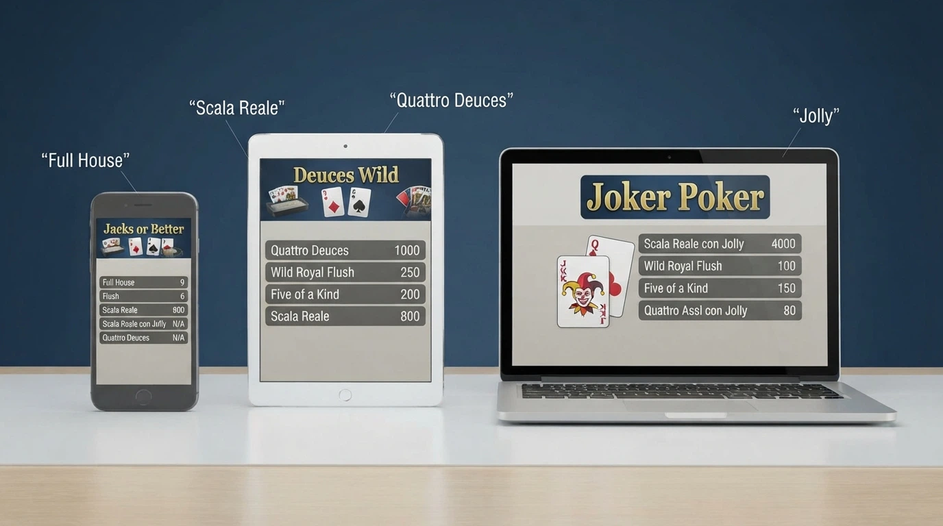 Tre schermate affiancate di diverse varianti di video poker (Jacks or Better, Deuces Wild, Joker Poker) con le rispettive pay table in evidenza.