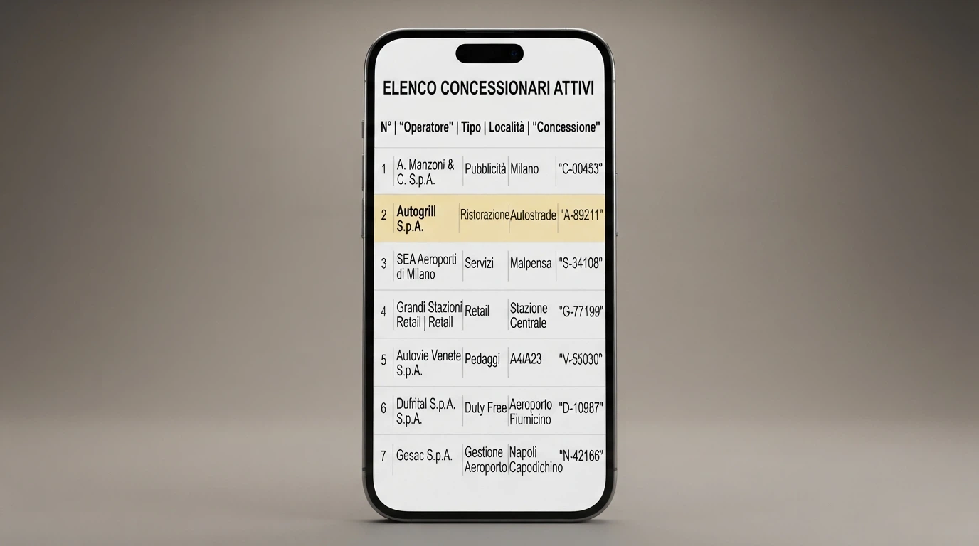 Pagina dell'elenco ufficiale dei concessionari ADM visualizzata su iPhone, con il codice concessione di un operatore in evidenza
