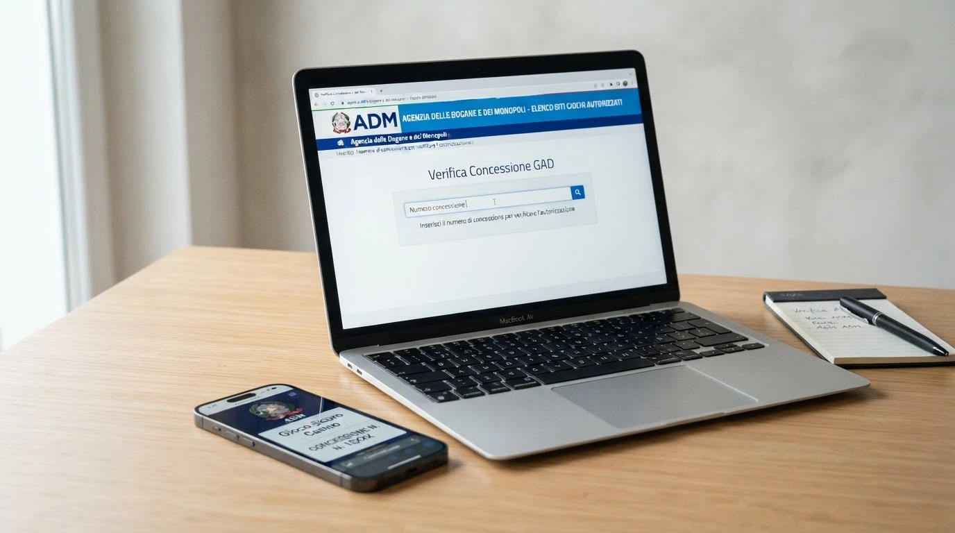 Il Registro Online ADM visualizzato sullo schermo di un laptop, con il campo di ricerca concessioni e un logo ADM visibile nell'intestazione
