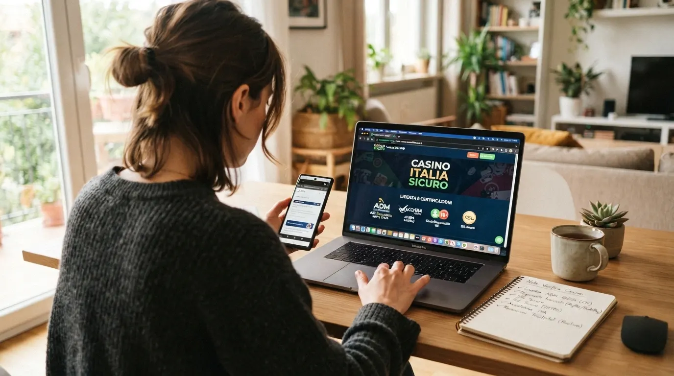 Il footer di un casinò online italiano con il logo ADM, il numero di concessione in evidenza, l'icona del lucchetto HTTPS nella barra del browser e i loghi degli enti certificatori