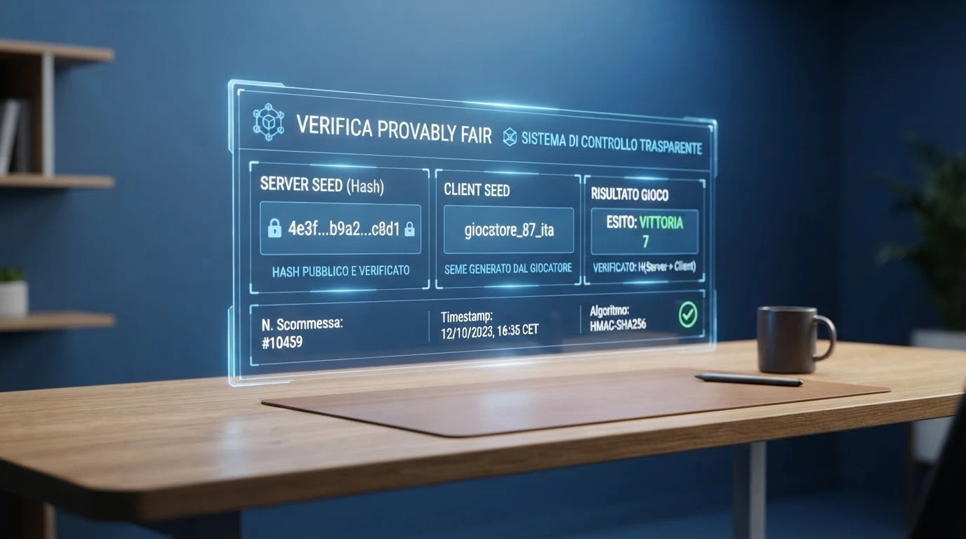 Schermata di un tool di verifica provably fair con hash del seed del server, seed del cliente e risultato del giro visualizzati