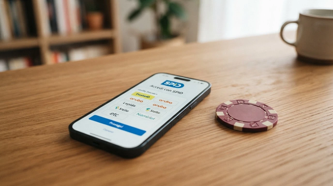 Un telefono e una carta d'identità elettronica (CIE) appoggiati su una scrivania, lo schermo del telefono mostra la schermata di login SPID