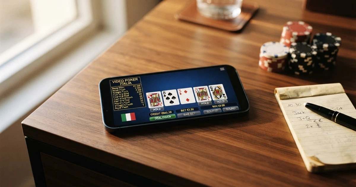 Una schermata di una partita di video poker online con cinque carte scoperte, la pay table laterale e i pulsanti hold/discard visibili nell'interfaccia.