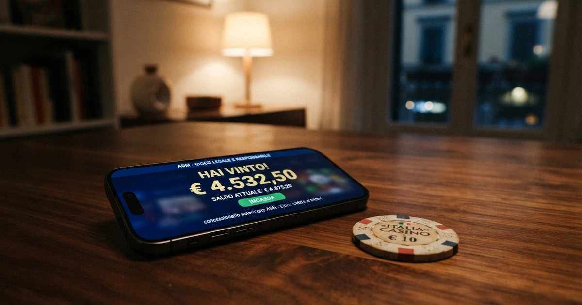 L'interfaccia di un casinò online italiano con licenza ADM, con il saldo gioco in evidenza e la dicitura «concessionario autorizzato» visibile nella parte inferiore dello schermo